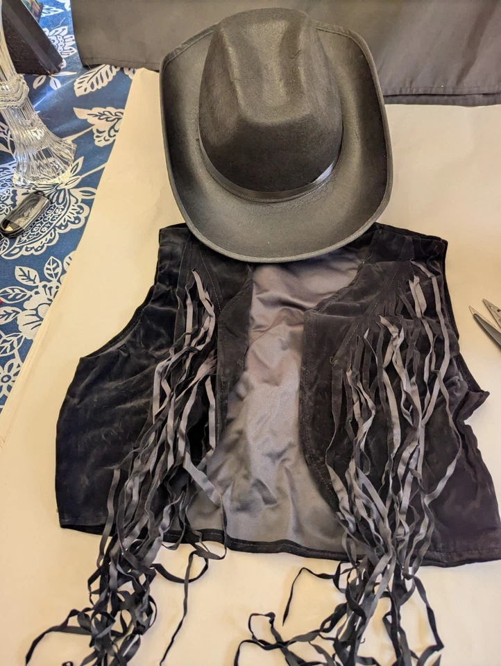 Cowgirl Costume Medium Black Fringe Vest And Cowboy Hat New - Image 1 of 4