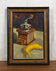 Naturaleza muerta con molinillo de café y plátano, pintura al óleo original, arte de cocina - Imagen 1 de 10