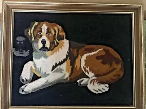 Gancho de pestillo de arte de terciopelo vintage trabajo de lana enmarcado perro arte de pared trabajo de felpa - Imagen 1 de 10