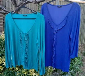 2 x M&Co Ruffle Front Scoop Neck Long Sleeve Tops - Blue & Green - Size 18 - Picture 1 of 15