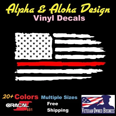 Distressed American Flag Thin Red Line Vinyl Decal Sticker - Image 1 of 2