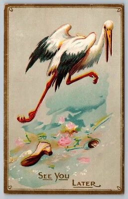 Postal See You Later Cigüeña Rápidamente Huyendo Bebé Anuncio Fantasía Foto 1 de 2