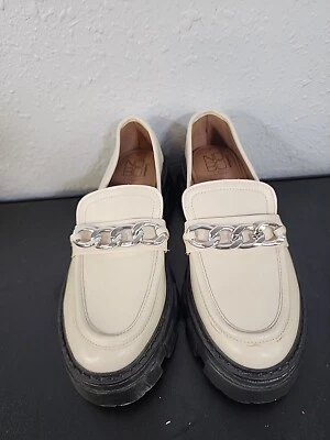 Zapatos Oxford NOBO Tacón Grueso Plataforma Crema Plata Cadena Zapatos Sin Cordones Talla 7 Foto 1 de 4