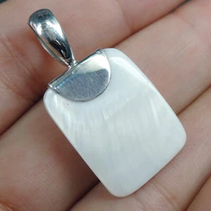 925 Sterling Silver Small Rectangle Shape Natural White Shell Pendant, NSP-546 - Picture 1 of 6