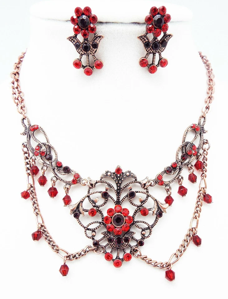DESIGNER INSPIRED 19in RED CRYSTAL SILVER VICTORIAN DROP DANGLE JEWELERY SET NEW - Image 1 of 4
