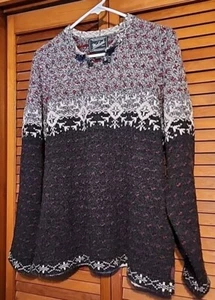 Woolrich Damen XL Lammwolle V-Ausschnitt Pullover grau Fair Isle Strick Winter warm - Bild 1 von 7