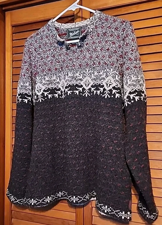 Woolrich Womens XL Lambswool V Neck Sweater Gray Fair Isle Knit Winter Warm - Image 1 of 4