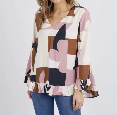 New Elm Abstraction Ruffle Top Blouse In Dusty Pink Size 10 - image 1 of 4