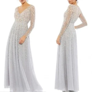 Abito Mac Duggal grigio impreziosito avvolgente con perline manica lunga linea A 16 nuovo con etichette - Foto 1 di 18