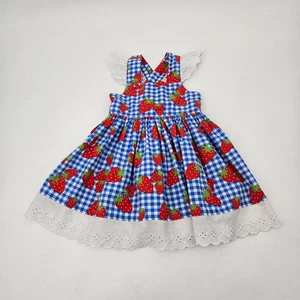 Eleanor Rose Strawberry Summer Dress Size 3-4 Gingham Blue White Eyelet - Picture 1 of 14