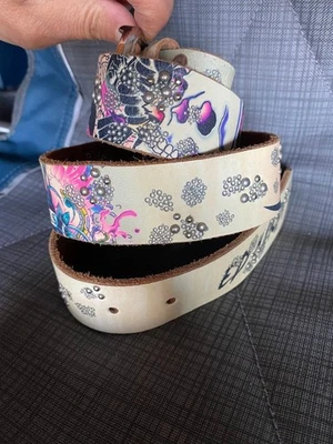 NWT Ed Hardy By Christian Audigier Leather Belt White Size L cream Skull - Image 1 of 4