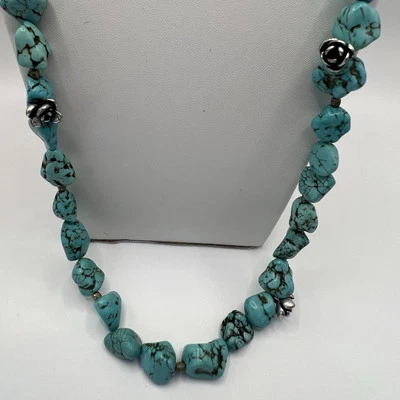 Collar Largo LUCKY BRAND Azul Hematita Piedra Cuentas Floral Tono Plata Foto 1 de 4