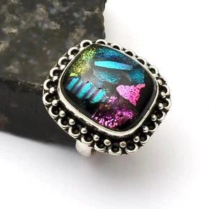Anello etnico fatto a mano gemma vetro dicroico fantasia gioielli misura USA-8,25 AR 10617 - Foto 1 di 1