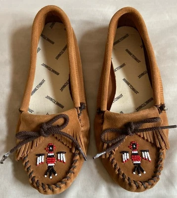 Minnetonka Moccasins Beaded Thunderbird Brown Leather Loafers Shoes Size 6 1/2/7 - Image 1 of 4