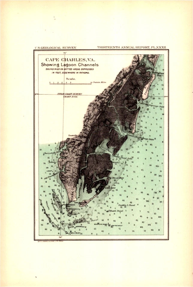Cape Charles Virginia – 1893 USGS Antique Nautical Map – Lagoon Channels - Image 1 of 1