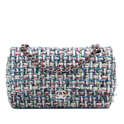 Authenticated Chanel Medium Classic Double Flap White Tweed Fabric Shoulder Bag - Image 1 of 4