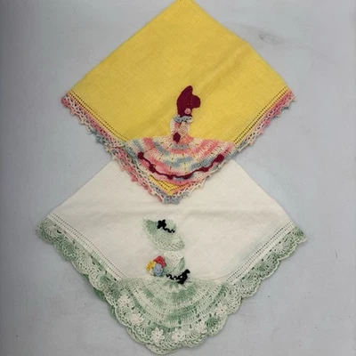 Vtg White Green Yellow Linen Hankies Crinoline Lady Crochet Tatted Lace - Image 1 of 4