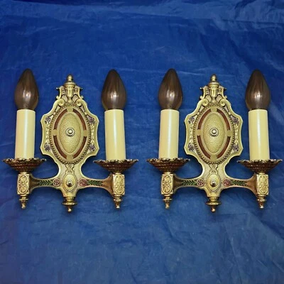 Par de apliques de pared antiguos de dos brazos con cable acabado original 29K Foto 1 de 4