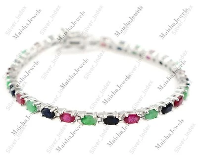 Wedding Jewelry Natural 5X3 MM Ruby Emerald Sapphire Gemstone Tennis Bracelet  - Image 1 of 4