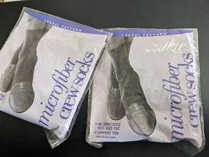 Silkies 2 Pair Women's Black Crew Microfiber Socks Laurel Pattern (#10) - Picture 1 of 5