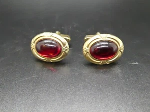 Vintage Manschettenknöpfe goldfarben rotes Glas oval Herrenmode - Bild 1 von 5