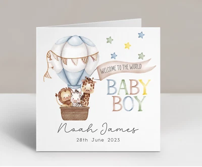 Personalised New Baby Boy Card Welcome to the World Hot air Balloon Zoo Animals - Image 1 of 2