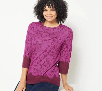 Isaac Mizrahi Top de Encaje Estampado en Vivo con Mangas Campana Mujer XXS Berry Purple NUEVO Foto 1 de 4