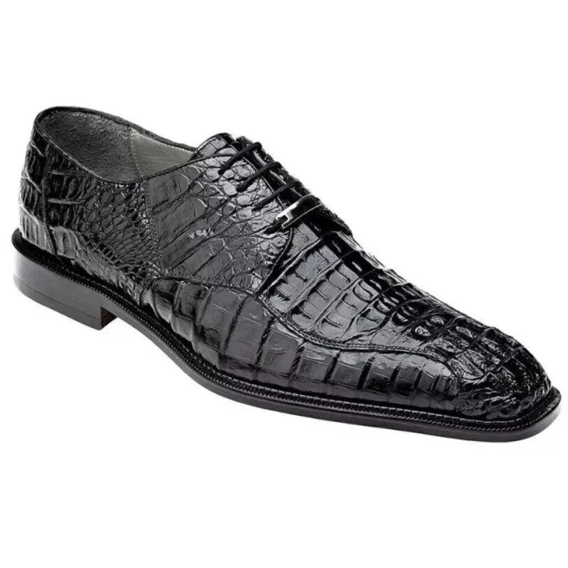 Sapatos sociais masculinos elegantes feitos à mão couro de jacaré preto com cadarço, sapatos derby - Imagem 1 de 2