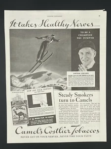 Original 1934 Ski Jump Ad for Camel Cigarettes, Healthy Nerves, Winter Olympics - Picture 1 of 1