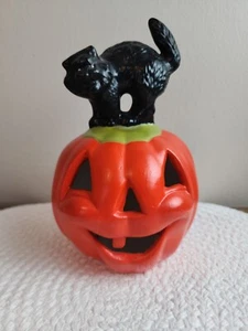 Vtg Halloween Black Cat Sitting on a Jack-O-Lantern Pumpkin Figurine  Ceramic - Picture 1 of 21
