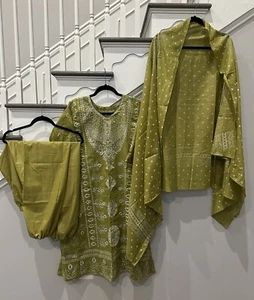 Indian kurta 3pc salwar kameez Embroidery Printed dress size M Color Olive GreeN - Picture 1 of 10