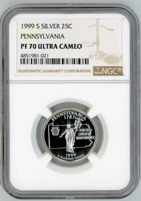 1999-S Silver Proof Pennsylvania 25C -  NGC PF70 UCAM State Quarter Ultra Cameo - Image 1 of 2