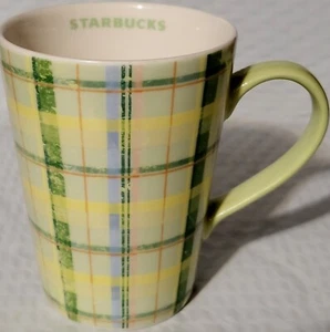 Starbucks Faded Green Plaid Spring Yellow Ceramic Coffee Mug, Tea Cup 2006 12 oz - Picture 1 of 6