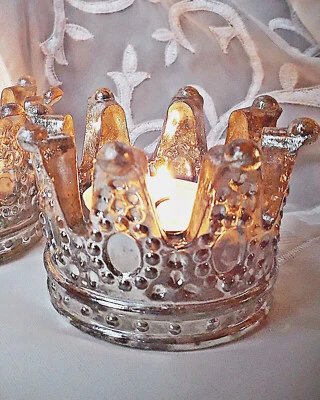 ❀ Krone Glas Windlicht Bauernsilber Vintage 7 cm Teelichthalter Silbern #23B - Bild 1 von 4