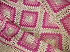 Vtg Granny Crochet Handmade Knit Throw Afghan Hot Pink Blanket Beach Cottage Guc