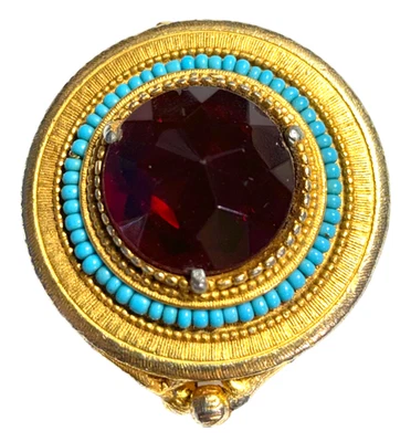 Florenza Red Rhinestone & Turquoise Trinket Pill Box Compact VTG Gold Signed - Image 1 of 4