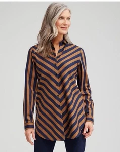 Chico's Size 4 / 20 No Iron Stretch Navy & Brown Stripe Button Front Tunic New - Picture 1 of 13