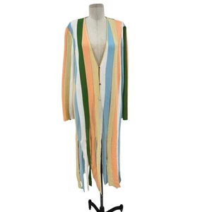 Cárdigan tejido intarsia Misook Heritage suéter flecos a rayas largo talla XL - Imagen 1 de 12