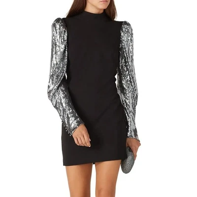 Nicole Miller Black Sequin Sleeve Mini Dress MEDIUM Long Sleeve Cocktail $395 - Image 1 of 4
