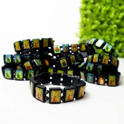 Lot Of 12 SAINT BEAD BRACELET Black Wood Religious Icon Catholic Stretch Elastic - Image 1 of 4