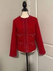 Talbots Boucle Red Wool Blend Blazer With Hot Pink Trim Gold Button Blazer Sz 10 - Picture 1 of 4