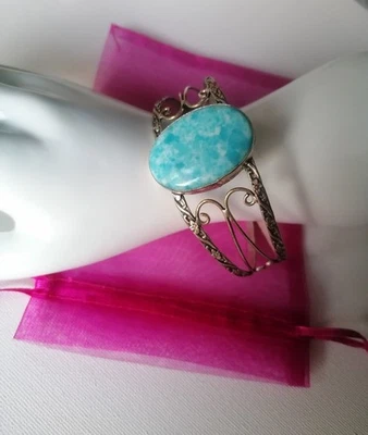 Adjustable silver-plate cuff bracelet Turquoise-coloured stone Filigree design - Image 1 of 4