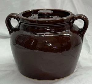 Vintage braun glasiertes Steinzeug Bohnentopf mit Deckel Made in USA Bauernhaus Dekor - Bild 1 von 14