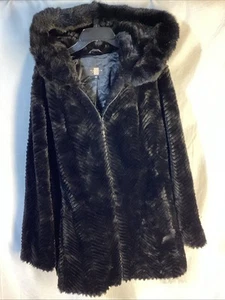 Gallery Black Faux Fur Coat Women’s Size Large 2X Hooded Grooved Winter - Picture 1 of 10