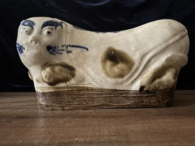 Figura de perro Foo reposacabezas de porcelana china azul y blanco Foto 1 de 4