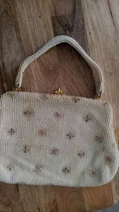 Vintage CORDE BEAD Clutch Bag Evening Beaded Cream Off White SPARKLE - Picture 1 of 17