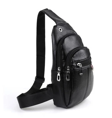 Mens Crossbody Sling Bag With Earphone Slot Zippered Pockets Durable Black Color - Image 1 of 4