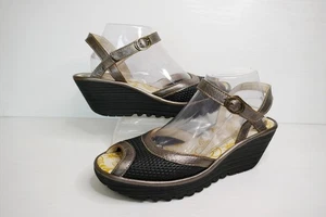 FLY,LONDON YANS PERF BLACK+BRONZE LEATHER/LEATHER LINED WEDGE SANDALS UK 7 W.BOX - Picture 1 of 13