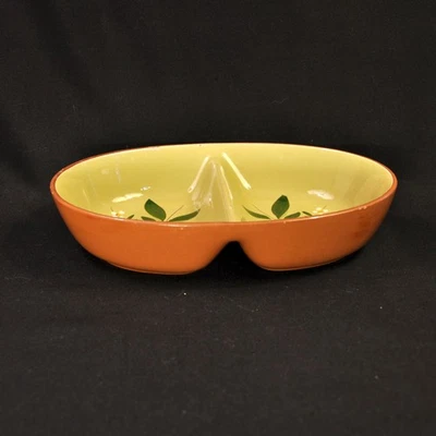 Stangl Magnolia Divided Oval Bowl Hand Painted Maroon Yellow Green Engobe 1955 - Image 1 of 4