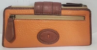 Carteira de couro genuíno Fossil BiFold com zíper ao redor macia funcional laranja bolinhas - Imagem 1 de 4